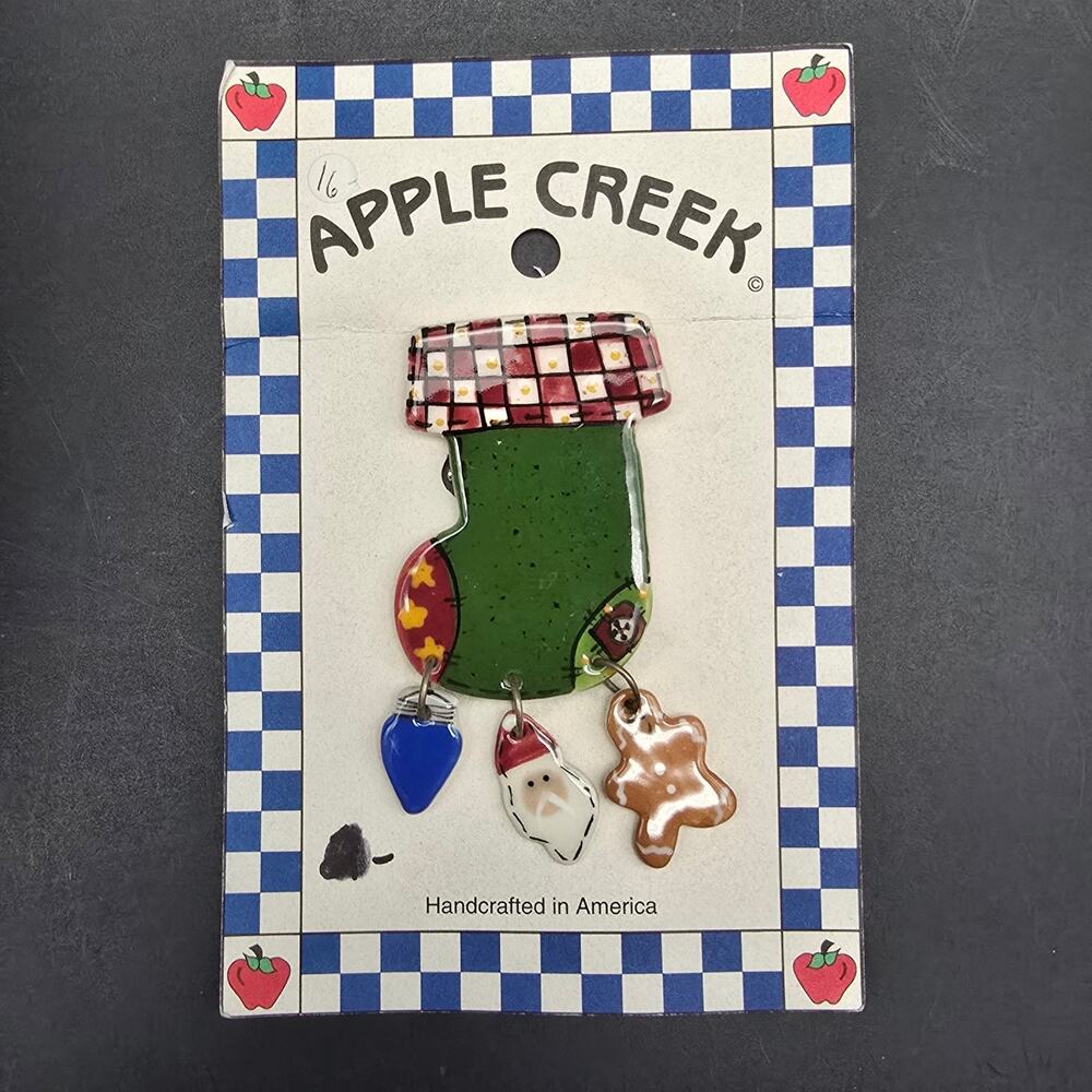 Apple Creek Porcelain Christmas Stocking Brooch Farm Chic Rustic